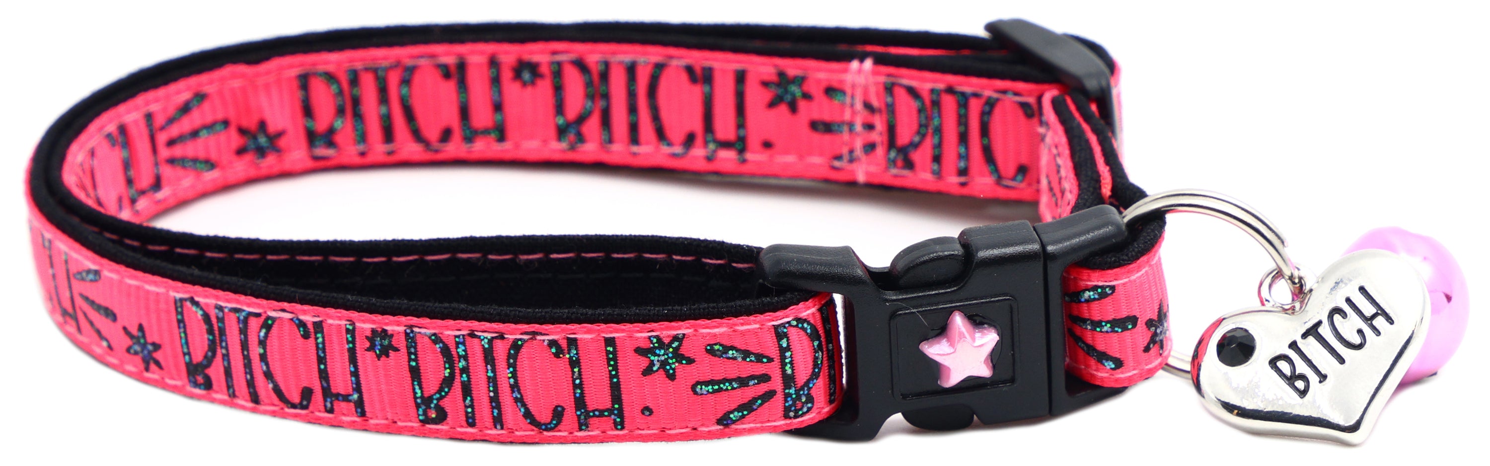 Bitch 2 Breakaway Cat Collar in reinforced cotton with breakaway clips and removable bell, available in various sizes.